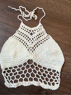 Handmade Crochet Halter Crop Top - Cream